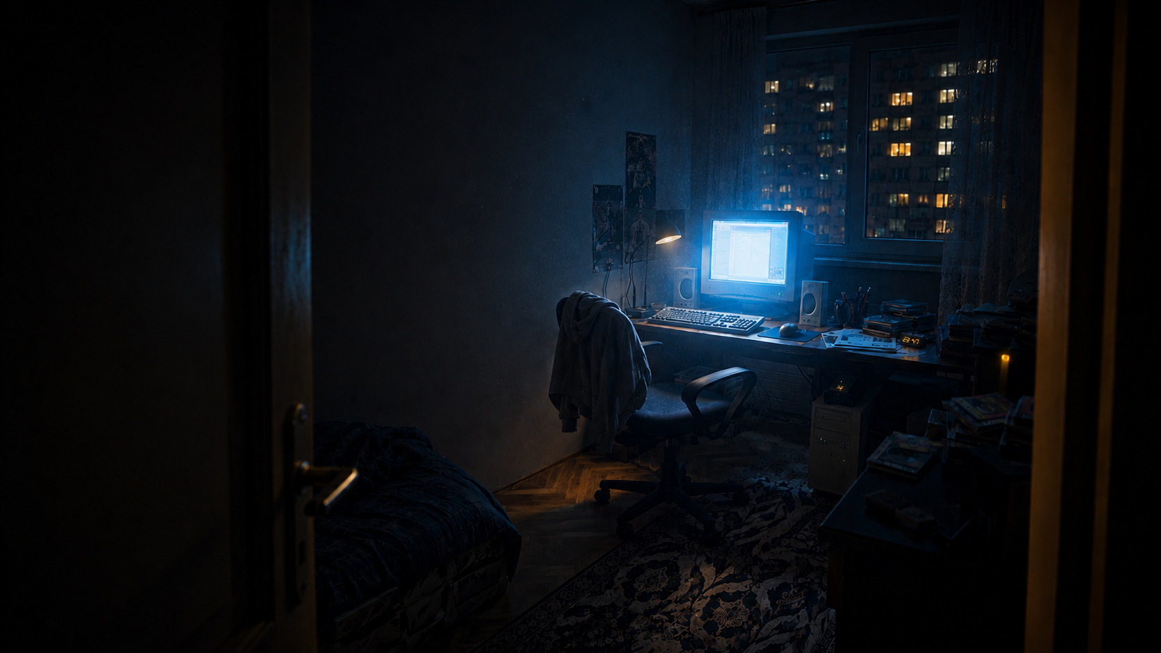 O cameră modestă din România începutului anilor 2000, luminată de un monitor CRT, sugerând începutul unei noi lumi digitale.