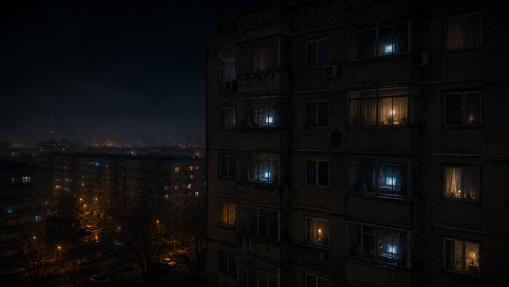 Ferestre de apartamente românești noaptea, câteva luminate de monitoare CRT, sugerând vieți diferite conectate prin aceeași comunitate.