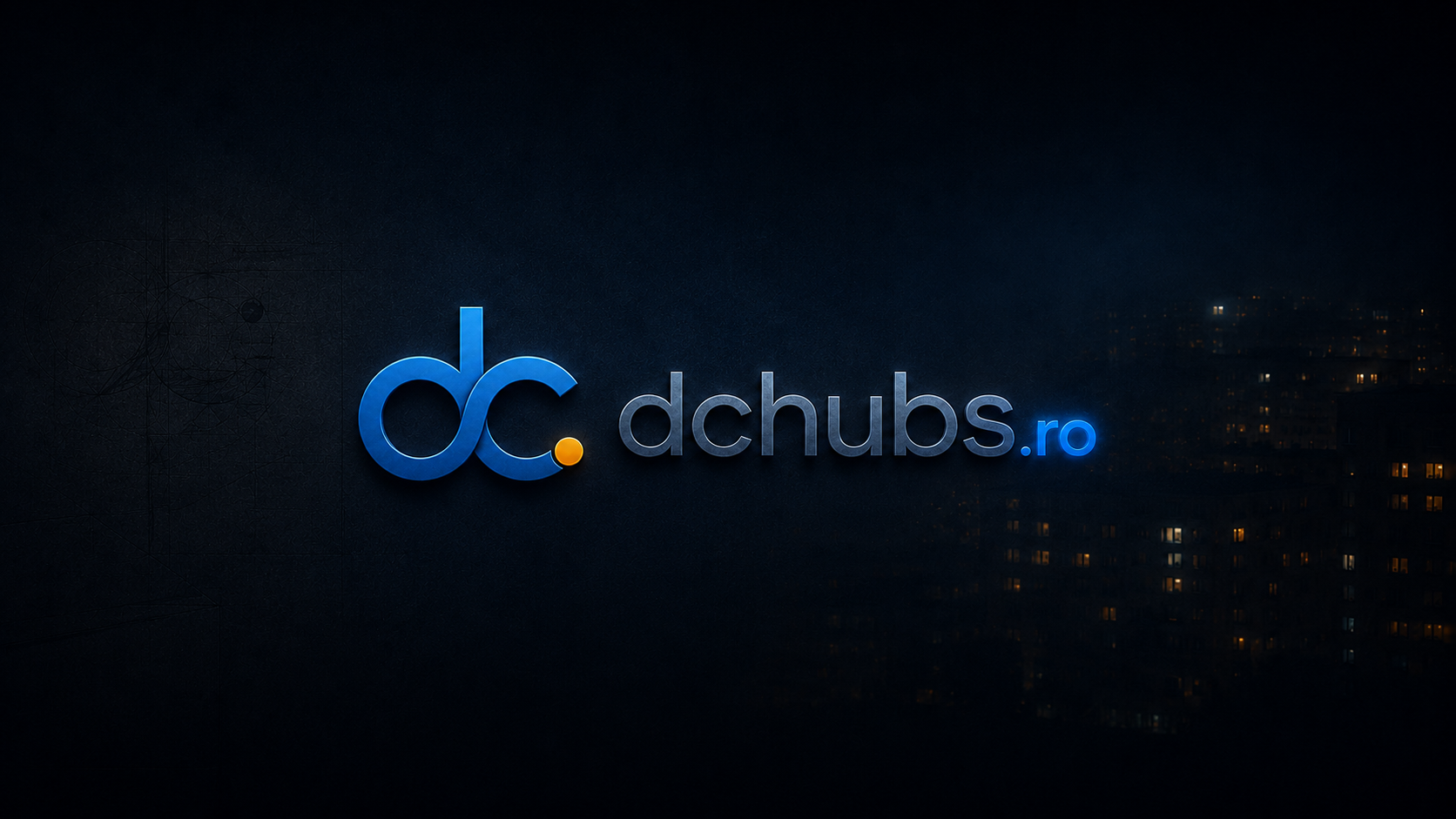 Logo-ul final dchubs.ro pe un fundal cinematic întunecat, cu urme subtile de comunitate, memorie și construcție geometrică.